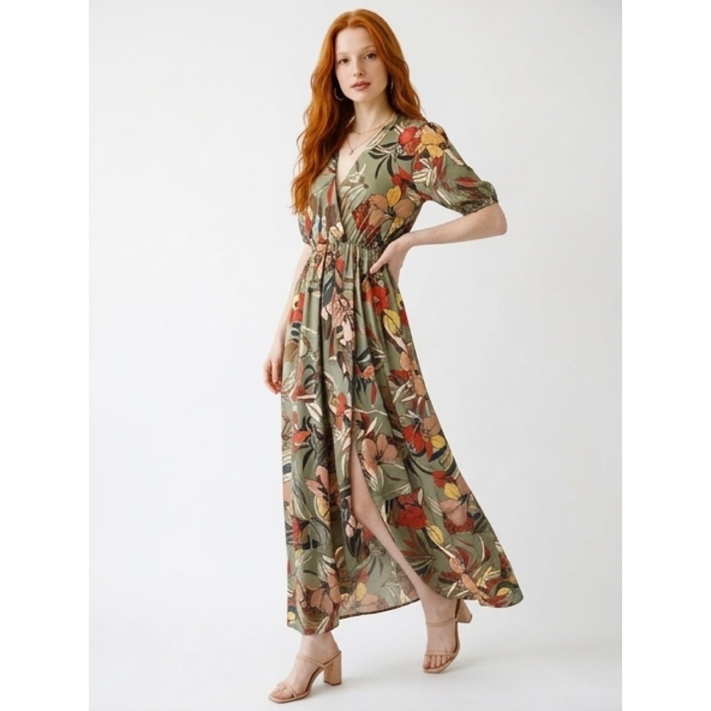 New Collection Tropical Floral Maxi Dress Women Green Multicolor Excellent Wrap